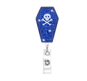 Blue glitter coffin skull badge reel retractable ID name holder for nurse office worker Halloween