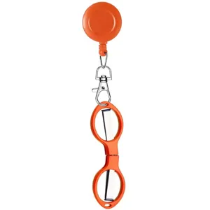 Detalle de las gafas de lectura plegables naranjas portátiles con carrete retráctil.