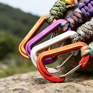 Bunter Paracord Karabiner Detail Nahaufnahme, langlebiger Metallhaken und Überlebensseil.