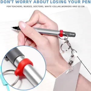 Silicone pen holder detail view with retractable badge reel and metal keyring for secure use.
