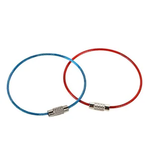 Stainless steel wire keychain detail, durable colored cable ring with threaded metal connector!