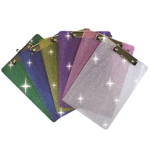 Presse-papiers en acrylique pailleté coloré avec clip en métal pour bureau et école.