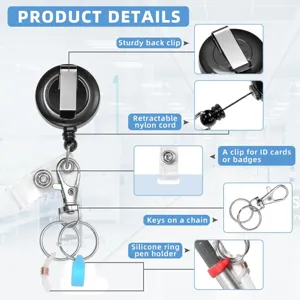 Retractable badge reel detail view showing sturdy back clip, nylon cord, and silicone pen holder.