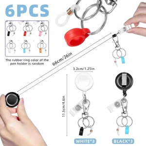 Retractable badge reel with silicone pen holder clip and keyring set of 6 pieces.