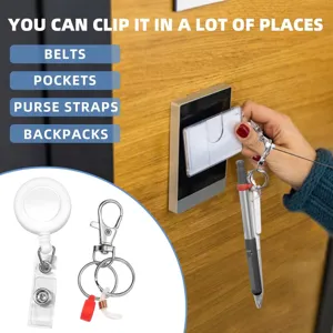 Retractable badge reel detail showing silicone pen holder, lobster clasp and secure keyring clip.