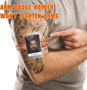 Verstellbarer Arm-Ausweishalter mit Gummiband und klarem Kartenfach für Ausweise und Karten.