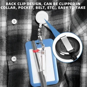 Retractable badge reel detail showing sturdy back clip and secure pen holder mechanism.