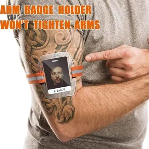 Verstellbarer Arm-Ausweishalter mit elastischem Band für sichere Ausweisanzeige im Beruf.