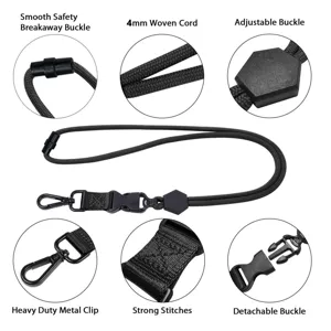 Cordón negro ajustable con clip metálico, cuerda de 4mm y hebilla de seguridad resistente.