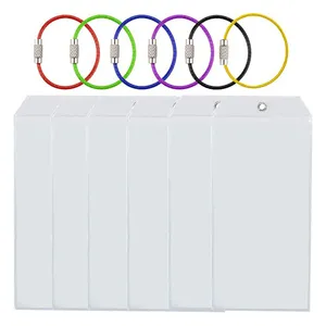Clear PVC vertical card holders with colorful wire loops for luggage tags and ID badges.