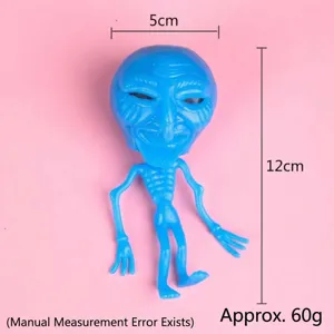 Blue skeleton alien squeeze toy, funny novelty decompression vent toy, detail product display.