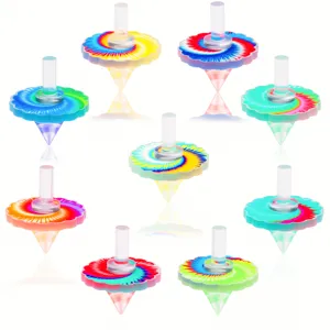 Vue détaillée de toupies en acrylique coloré avec design floral, performance de rotation fluide.