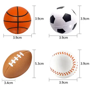 Mini sports balls set detail view showing basketball football rugby and baseball dimensions.