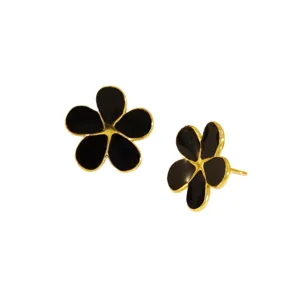 Black enamel flower stud earrings, stainless steel gold plated floral jewelry for women.