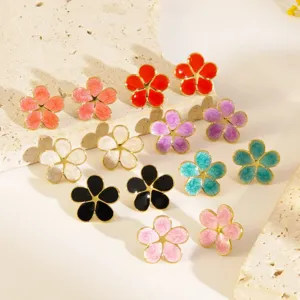 Stainless steel colorful enamel flower stud earrings, sweet floral design jewelry for women.