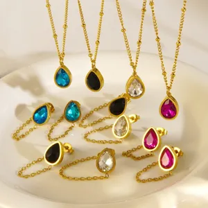 Stainless Steel Teardrop Chain Earrings Necklace Set Light Luxury 18K Gold Plated Geometric Pendant Rhinestone Jewelry For Women