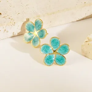 Turquoise enamel flower stud earrings, stainless steel botanical floral jewelry for women.