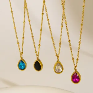 Elegant 18k gold plated teardrop pendant necklace set featuring colorful gemstone charms.