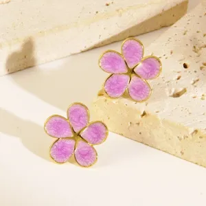 Chic pink enamel flower stud earrings with gold rim, sweet and fresh botanical jewelry for daily.