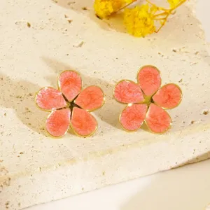 Stainless steel oil-drop flower stud earrings, sweet pink floral design for vacation style.