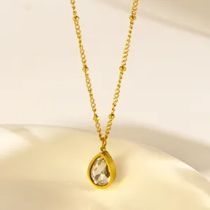 Exquisite 18K gold plated teardrop pendant necklace with delicate beaded chain design detail.