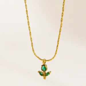 Minimalist gold plated green flower pendant necklace, elegant dainty chain jewelry for women daily wear.