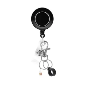 Retractable badge reel with lobster clasp and silicone pen holder for keys and id cards.