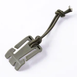 Detailed view of army green outdoor tactical backpack zipper pull with elastic cord for gear.