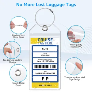 Clear PVC cruise luggage tags with steel loops and secure zipper seal for travel bags.