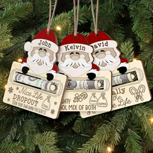 Addobbo per albero di Natale in legno con design Babbo Natale e porta soldi personalizzato.