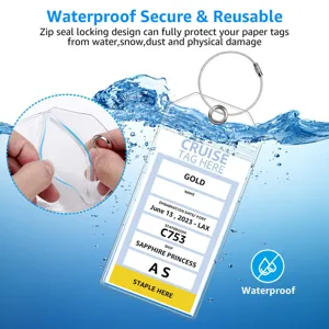 Vertical transparent PVC cruise luggage tag with steel wire loop and waterproof zip seal design.