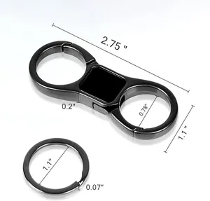 Portachiavi a doppio anello in metallo nero con anello brisè e dettagli di misura per uso.