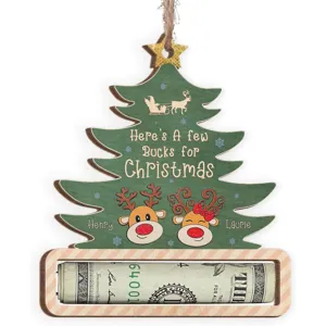 Decorazione per albero di natale in legno porta soldi con renne carine e nomi personalizzati.