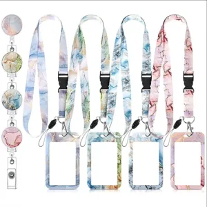 Modern Minimalist Marble Pattern Print Plastic ID Badge Card Holder Lanyard Set With Retractable Key Ring Reel Holder For Office School Everyday Unisex