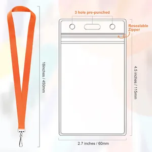 Polyester Lanyard und PVC Ausweishalter Detailansicht mit Maßen und Produktmerkmalen.