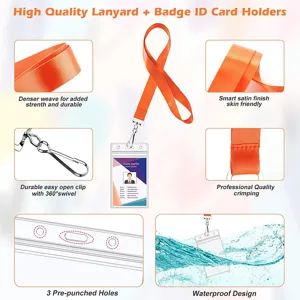 Nahaufnahme Details von orangefarbenem Lanyard und wasserdichtem Ausweishalter mit Clip.
