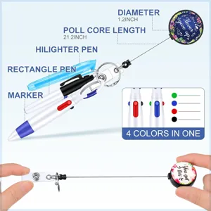 Retractable nurse badge reel and multi-color pen set detail view with 21-inch cord.