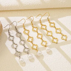Pendientes Colgantes de Acero Inoxidable 304 Trébol Perla Artificial Chapado en Oro de 18K Pendientes con Borla de Perla para Mujer Joyería de Moda