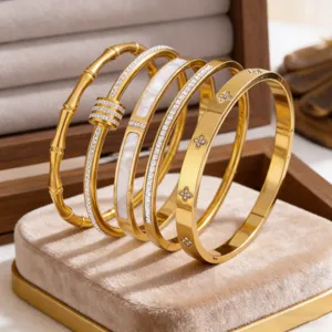 Fashion Stainless Steel Geometric Bangle 18K Gold Plated Rhinestone Artificial Pearl Clover Bamboo Joint Hinge Open Cuff Bangle For Women Luxury Elegant Commuting Hand Jewelry Gift