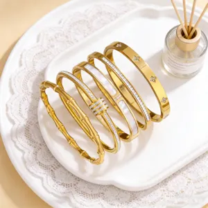 Gold plated stainless steel cuff bracelet set fashionable stackable jewelry items for women