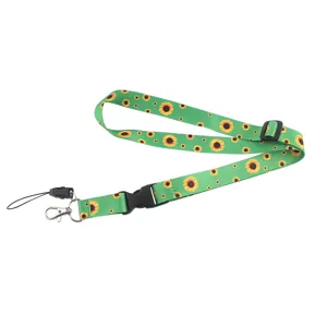 Green sunflower lanyard with quick-release buckle and metal clasp for ID badge and keys