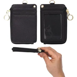 Tarjetero de cuero PU negro con ventana transparente bolsillo con cremallera y llavero dorado
