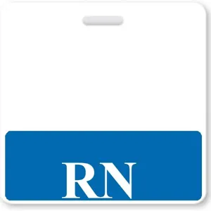 Portatarjetas ID acrílico, detalle tarjeta de trabajo enfermera RN, funda blanca y azul.
