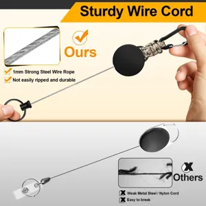Retractable paracord keychain with 1mm strong steel wire rope and durable carabiner.