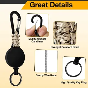 Detailed view of the retractable paracord keychain featuring a sturdy carabiner and wire rope.