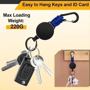 Retractable carabiner keychain with blue paracord and keys, strong and durable for daily use.