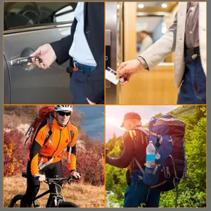 Retractable keychain detail showing usage scenarios like driving, hiking, and daily outdoor life.