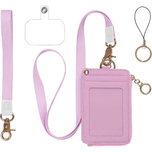 Tarjetero de cuero PU rosa con cordón largo, correa de muñeca y pestaña de sujeción para móvil.