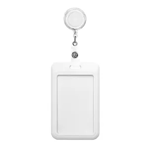 White retractable ID badge holder with reel clip, vertical card case for office use