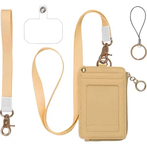 Conjunto de tarjetero de cuero PU con cordón, muñequera y pestaña para teléfono beige